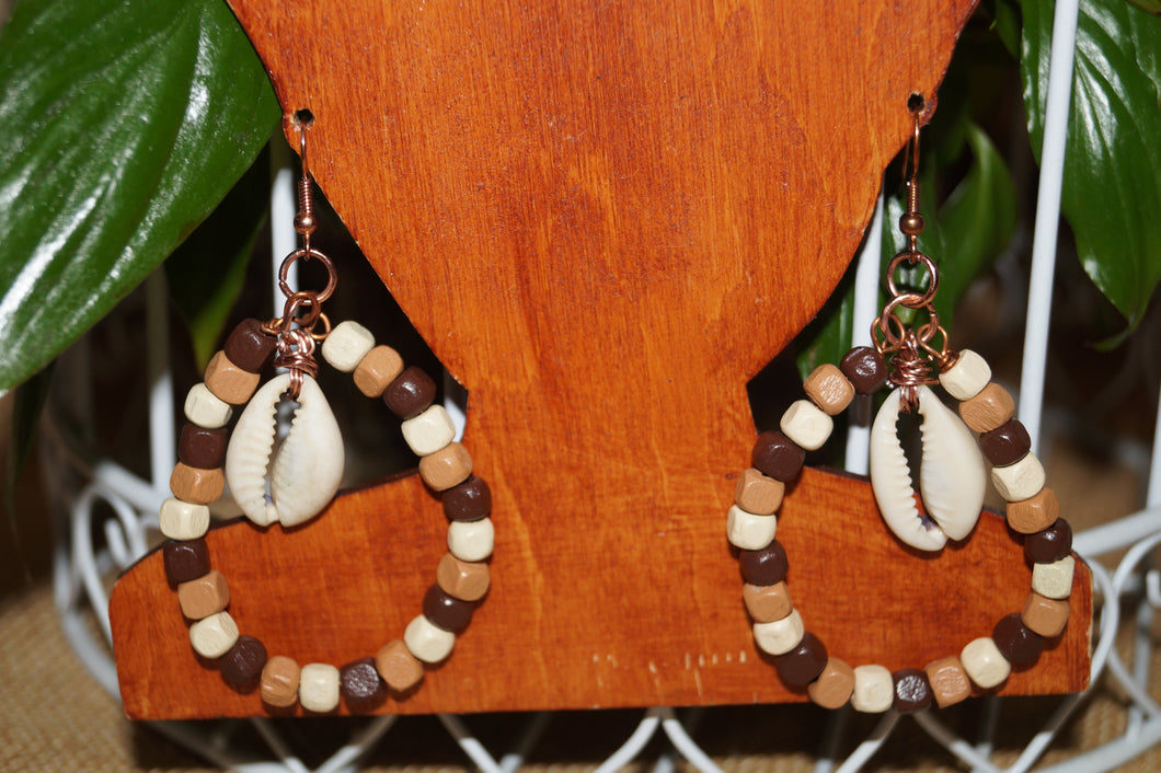 Cowrie & wooden square beaded wire dangles